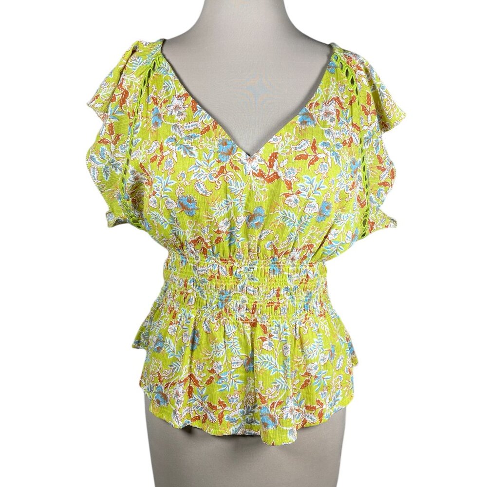Sam Edelman Nyra Flutter Sleeve Cotton Peplum Floral Green Top, Size Large